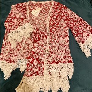 Red and White Lace Kimono and Shorts Set